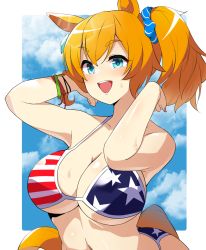 Rule 34 | 1girl, :d, american flag bikini, animal ears, bare arms, bare shoulders, bikini, blue eyes, blue scrunchie, blue sky, blush, border, breasts, cloud, commentary request, day, flag print, hair ornament, hair scrunchie, highres, horse ears, large breasts, looking at viewer, mituyota 76, navel, open mouth, orange hair, outdoors, outside border, partial commentary, ponytail, scrunchie, short hair, sky, smile, solo, star (symbol), star print, stomach, sweat, swimsuit, taiki shuttle (umamusume), umamusume, upper body, white border