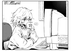 Rule 34 | 1girl, chair, collared shirt, covered mouth, crt, cup, dress shirt, drinking, eyebrows hidden by hair, freckles, greyscale, hair between eyes, highres, holding, holding cup, indoors, keyboard (computer), long sleeves, looking away, monitor, monochrome, mug, office chair, on chair, original, plaid, plaid shirt, shirt, sho (sho lwlw), sitting, solo, sweater, swivel chair, upper body, window