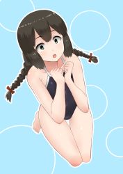 Rule 34 | 1girl, 30-06, black eyes, black hair, blue background, braid, competition school swimsuit, flat chest, hair between eyes, highres, isonami (kancolle), kantai collection, long hair, looking at viewer, one-piece swimsuit, open mouth, school swimsuit, solo, swimsuit, twin braids