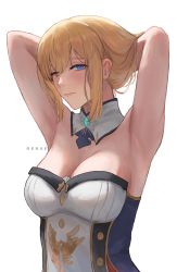 Rule 34 | 1girl, absurdres, armpits, arms behind back, arms up, artist name, bare shoulders, blonde hair, blue eyes, breasts, cleavage, commentary, detached collar, english commentary, genshin impact, highres, jean (genshin impact), large breasts, looking at viewer, one eye closed, rerxe, shirt, short hair, simple background, solo, strapless, strapless shirt, upper body, white background