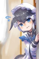 Rule 34 | 1girl, alternate costume, around corner, blue bow, blue bowtie, blue eyes, blush, bow, bowtie, cape, cetacean tail, dress, enmaided, fins, fish tail, flying sweatdrops, grey hair, hair bow, hiding, highres, kemono friends, long sleeves, maid, maid day, maid headdress, multicolored hair, narwhal (kemono friends), puffy sleeves, short hair, short hair with long locks, solo, tail, taitai0012365kv, white cape, white dress, white hair