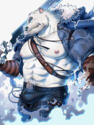 Rule 34 | 1boy, abs, animal ears, another eidos-r, artist logo, bara, bear boy, bear ears, black pants, bulge, chain, coat, coat on shoulders, fur-trimmed coat, fur trim, furry, furry male, gamubear, highres, holding, holding sword, holding weapon, jewelry, large pectorals, looking at another, male focus, mixed-language commentary, muscular, muscular male, necklace, open clothes, open shirt, pants, pectorals, sigvaldi (another eidos), sword, thigh strap, weapon