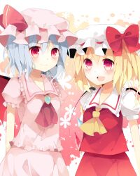 Rule 34 | 2girls, ascot, blonde hair, blue hair, closed mouth, cowboy shot, crystal wings, dress, embodiment of scarlet devil, flandre scarlet, frilled dress, frills, hat, hat ribbon, mii0617, mob cap, multiple girls, open mouth, red ascot, red ribbon, remilia scarlet, ribbon, short hair, siblings, side ponytail, smile, touhou, twins, yellow ascot