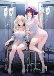 Rule 34 | 2girls, ass, bandages, bare legs, barefoot, blonde hair, breasts, cleavage, collarbone, collared shirt, eyepatch, full body, hair bun, hair intakes, hand up, hat, high heels, highres, holding, holding hands, holding syringe, hospital, hospital gown, indoors, intravenous drip, large breasts, leg up, long hair, long sleeves, looking at viewer, multiple girls, navel, nurse, nurse cap, obiwan, one eye closed, parted lips, pink headwear, purple hair, red eyes, shirt, short sleeves, sidelocks, signature, single hair bun, sitting, standing, standing on one leg, stool, syringe, thighs, twintails, wheelchair, white footwear, white shirt