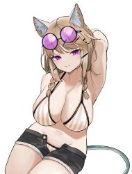 Rule 34 | 1girl, animal ears, arknights, arm behind head, bikini, bikini under clothes, blue shorts, braid, breasts, cleavage, eyewear on head, fang, female focus, groin, hair ornament, hairclip, highres, large breasts, light brown hair, long hair, navel, no headwear, official alternate costume, purple-tinted eyewear, purple eyes, short shorts, shorts, side braids, skin fang, smile, solo, stomach, striped bikini, striped clothes, sunglasses, swimsuit, tail, tinted eyewear, unknownnoname0, utage (arknights), utage (summer flowers) (arknights), white bikini