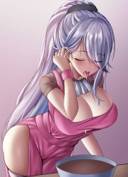 Rule 34 | 1girl, absurdres, alternate costume, apron, azur lane, breasts, chocolate making, cleavage, closed eyes, drooling, dunkerque (azur lane), eyes visible through hair, gradient background, grey hair, highres, huge breasts, leaning forward, pink apron, ponytail, simple background, skindentation, solo, standing, thighhighs, urarasy, valentine