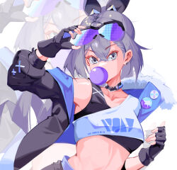 Rule 34 | 1girl, arm up, black gloves, black jacket, black tank top, breasts, blowing bubbles, choker, commentary request, crop top, eyewear on head, fingerless gloves, fur-trimmed jacket, fur trim, gloves, grey hair, hair between eyes, hair ribbon, highres, honkai: star rail, honkai (series), jacket, long sleeves, medium breasts, midriff, mumu (dtxz8323), open clothes, open jacket, partial commentary, ribbon, shirt, silver wolf (honkai: star rail), single-shoulder shirt, single bare shoulder, solo, stomach, sunglasses, tank top, upper body, white background, white shirt, zoom layer