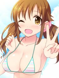 Rule 34 | 10s, 1girl, bikini, breasts, brown eyes, brown hair, cleavage, collarbone, day, idolmaster, idolmaster cinderella girls, large breasts, one eye closed, open mouth, smile, solo, striped bikini, striped clothes, swimsuit, totoki airi, totokichi, twintails, v