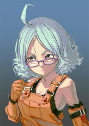Rule 34 | 1girl, ahoge, aro (charged time out), bad id, bad pixiv id, blue hair, curly hair, elbow gloves, face, glasses, gloves, orange overalls, original, overalls, pink eyes, short hair, solo