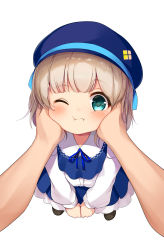 Rule 34 | 1boy, 1girl, :i, absurdres, blonde hair, blue dress, blue eyes, blush, cheek squash, dress, hands on another&#039;s face, hat, highres, looking at viewer, one eye closed, original, pov, short hair, simple background, solo focus, tsumiki akeno, white background