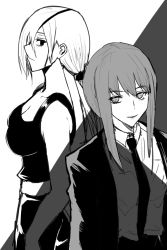 Rule 34 | 2girls, bare shoulders, black eyes, black jacket, black necktie, breasts, business suit, chainsaw man, collarbone, expressionless, eyepatch, formal, greyscale, hair over one eye, jacket, light smile, long hair, looking at viewer, makima (chainsaw man), medium breasts, medium hair, monochrome, multiple girls, necktie, open mouth, quanxi (chainsaw man), ringed eyes, shade, shirt, shirt tucked in, smile, suit, takara joney, tank top, white shirt