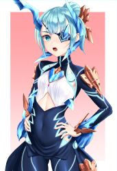 Rule 34 | 1girl, :o, absurdres, asymmetrical horns, blue eyes, blue hair, border, breasts, commentary, core crystal (xenoblade), cowboy shot, eilier project, english commentary, eyepatch, hands on own hips, highres, horns, impossible clothes, long sleeves, looking at viewer, open mouth, pink background, small breasts, solo, theory (xenoblade), white border, xenoblade chronicles (series), xenoblade chronicles 2