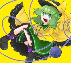 Rule 34 | 1girl, black footwear, black hat, boots, bow, buttons, collared shirt, colored eyelashes, commentary, diamond button, flat chest, frilled skirt, frills, green eyes, green hair, green skirt, hat, hat bow, heart, heart of string, komeiji koishi, long sleeves, medium hair, open mouth, priswocaer, shirt, simple background, skirt, sleeves past fingers, sleeves past wrists, smile, solo, teeth, third eye, touhou, upper teeth only, wide sleeves, yellow background, yellow bow, yellow shirt