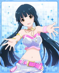 Rule 34 | 10s, 1girl, :d, armlet, blue hair, bracelet, brown eyes, bustier, female focus, idolmaster, idolmaster million live!, jewelry, kawakami tetsuya, kitakami reika, long hair, looking at viewer, lots of jewelry, midriff, navel, necklace, official art, open mouth, outstretched arms, smile, solo, twintails