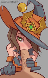 Rule 34 | alternate costume, bare shoulders, breasts, brown hair, dress, elbow gloves, evie (paladins), fellatio, gloves, grey background, hat, highres, one eye covered, oral, orange shirt, paladins, patreon username, penis, shirt, short hair, solo focus, strapless, strapless dress, stuffted, witch hat