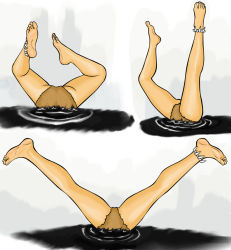 Rule 34 | 1girl, ass, bikini, cavewoman, head out of frame, inugami-ke no ichizoku pose, legs, lower body, original, spread legs, struggling, stuck, swimsuit, tar, upside-down