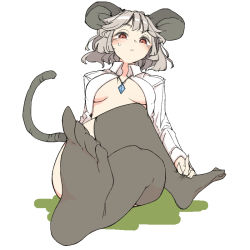 Rule 34 | 1girl, animal ears, black thighhighs, blush, breasts, cleavage, crossed legs, dress shirt, artistic error, feet, hand on foot, jewelry, long sleeves, mouse ears, mouse tail, nazrin, necklace, open clothes, open shirt, red eyes, shirt, short hair, silver hair, simple background, sitting, solo, sweat, sweatdrop, tail, thighhighs, toriga naku, touhou, white background, white shirt