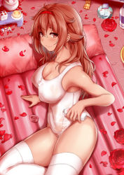 Rule 34 | 1girl, absurdres, alternate costume, breasts, brown hair, collarbone, flower, hair flaps, hairband, highres, kantai collection, large breasts, long hair, looking at viewer, lotion, mat play, navel, one-piece swimsuit, petals, red hairband, rose, rose petals, school swimsuit, shiratsuyu (kancolle), shiratsuyu kai ni (kancolle), solo, swimsuit, thighhighs, white one-piece swimsuit, white thighhighs, yamataka