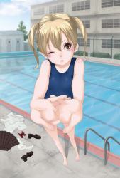 Rule 34 | 1girl, bad id, bad pixiv id, barefoot, blonde hair, brown eyes, brown hair, clothes, clothes on floor, feet, flat chest, foreshortening, full body, kumatani, one-piece swimsuit, one eye closed, original, pool, school swimsuit, solo, stretching, swimsuit, toes, twintails, wink