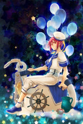 Rule 34 | 10s, 1boy, aged down, anchor, balloon, child, fang, free!, full body, grin, hat, highres, huazha01, male focus, matsuoka rin, open mouth, red eyes, red hair, sailor, sailor hat, short hair, smile, solo