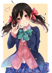 Rule 34 | 10s, 1girl, \m/, akit (15jamjam), bad id, bad pixiv id, black hair, blazer, bow, cardigan, hair bow, highres, jacket, long hair, looking at viewer, love live!, love live! school idol project, open clothes, open jacket, red eyes, school uniform, simple background, skirt, smile, solo, twintails, yazawa nico