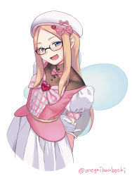 Rule 34 | 1girl, absurdres, ankle boots, beret, blonde hair, blue eyes, blush, boots, bow, commission, dress, flower skirt, glasses, gloves, hair ornament, hair ribbon, hat, hat bow, heart, heart hair ornament, highres, long hair, looking at viewer, magical girl, nia jones, open mouth, oregaihanboshi, original, pink dress, pink footwear, pink ribbon, ribbon, skeb commission, skirt, smile, solo, transparent wings, white background, white gloves, white skirt