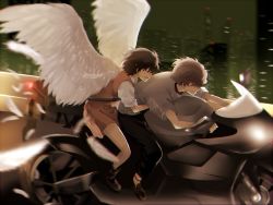 Rule 34 | 10s, 1boy, 1girl, blurry, brown hair, city, cityscape, closed eyes, feathered wings, feathers, highres, mishima lisa, motor vehicle, motorcycle, night, riding, short hair, smile, tears, twelve (zankyou no terror), vehicle, wings, wkn kzh, zankyou no terror