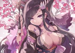 Rule 34 | 1girl, arm up, bare shoulders, black hair, branch, breasts, character request, cleavage, closed mouth, collarbone, eyes visible through hair, flower, highres, holding, holding paintbrush, kuuron (moesann17), large breasts, long sleeves, looking at viewer, paintbrush, purple eyes, puzzle &amp; dragons, red flower, smile, solo, upper body, wide sleeves