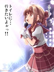 Rule 34 | 1girl, ahoge, akane souichi, blush, bow, braid, brown eyes, brown hair, copyright name, gloves, gradient background, hair bow, have to pee, microphone, open mouth, sidelocks, skirt, smile, solo, stage lights, tears, tokyo 7th sisters, tsunomori rona, twitter username, white gloves