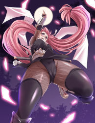 Rule 34 | 1girl, arm up, bandages, black legwear, breasts, cameltoe, commentary request, fishnets, from below, glasses, japanese clothes, large breasts, log-mi (tonpuu), moon, night, night sky, ninja, open mouth, original, pelvic curtain, pink hair, purple eyes, sandals, scarf, short sleeves, sky, solo, thighs, tonpuu, twintails, weapon