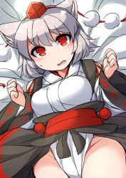 Rule 34 | 1girl, animal ears, bed sheet, blush, breasts, clenched hands, cowboy shot, fun bo, grey hair, groin, hat, inubashiri momiji, kourindou tengu costume, long hair, long sleeves, looking at viewer, lying, medium breasts, obi, on back, open mouth, pelvic curtain, pom pom (clothes), red eyes, sash, short hair, solo, sweat, tokin hat, touhou, wide sleeves, wolf ears