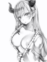 Rule 34 | 1girl, bad id, bad twitter id, bat tattoo, blush, breast tattoo, breasts, closed mouth, demon girl, demon horns, dress, fingernails, greyscale, highres, hololive, horns, large breasts, long hair, looking at viewer, monochrome, nanashi (nlo), nipples, open clothes, open dress, pointy ears, simple background, smile, solo, tattoo, virtual youtuber, white background, yuzuki choco, yuzuki choco (1st costume)