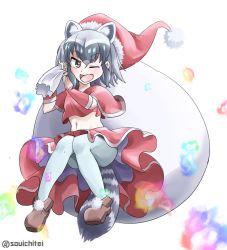 Rule 34 | 10s, 1girl, ;d, animal ears, black hair, common raccoon (kemono friends), detached sleeves, extra ears, grey hair, hat, holding, kemono friends, midriff, navel, one eye closed, open mouth, pantyhose, raccoon ears, raccoon tail, red skirt, sack, sandstar, santa costume, santa hat, skirt, smile, solo, souichitei, tail, white background