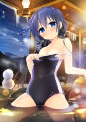 Rule 34 | 1girl, black hair, black one-piece swimsuit, blue eyes, blue hair, blue one-piece swimsuit, blush, breasts, closed mouth, clothes pull, competition school swimsuit, hair between eyes, head tilt, highres, icicle, kerosene lamp, long hair, looking at viewer, low twintails, nagayama yuunon, night, night sky, one-piece swimsuit, one-piece swimsuit pull, onsen, original, rock, school swimsuit, sitting, sky, small breasts, smile, snowman, solo, star (sky), starry sky, steam, swimsuit, twintails, very long hair, water