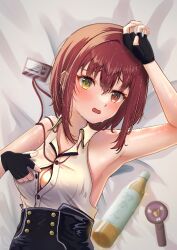 Rule 34 | 1girl, armpits, bare shoulders, bed sheet, black gloves, blush, bottle, breasts, buttons, check commentary, cleavage, collared shirt, commentary, commentary request, fingerless gloves, gloves, hair between eyes, hand on own head, handheld electric fan, heterochromia, hololive, hot, houshou marine, houshou marine (businesswoman), id card, large breasts, looking at viewer, lying, official alternate costume, on back, on bed, open mouth, red eyes, red hair, shirt, shirt tug, short hair, sidelocks, sleeveless, solo, sweat, unbuttoned, upper body, very sweaty, virtual youtuber, yellow eyes, yo mogi4