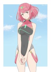 Rule 34 | 1girl, bare arms, bare shoulders, black one-piece swimsuit, blush, breasts, chest jewel, competition swimsuit, covered navel, cowboy shot, earrings, highres, jewelry, one-piece swimsuit, pyra (pro swimmer) (xenoblade), red eyes, red hair, short hair, smile, solo, swept bangs, swimsuit, tiara, xenoblade chronicles (series), xenoblade chronicles 2