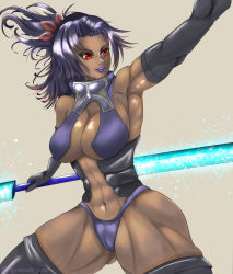 1girl armpits artist_name ashera_(xenoblade) breasts cameltoe cleavage dark-skinned_female dark_skin fighting_stance highres holding holding_weapon large_breasts long_hair navel nintendo panties ponytail red_eyes underwear weapon xenoblade_chronicles_(series) xenoblade_chronicles_3