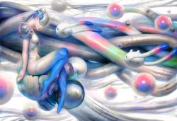 Rule 34 | 1girl, arm at side, blue hair, blue thighhighs, bun cover, center opening, closed mouth, covered eyes, creature, double bun, face down, floating, floating hair, floating object, from side, gradient legwear, hair bun, helmet, leotard, long hair, mujiha, multicolored clothes, multicolored legwear, no shoes, orb, original, short sleeves, sitting, solo, stomach, thighhighs, tube, twintails, white thighhighs