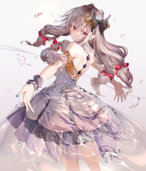 Rule 34 | 1girl, bow, dress, grey hair, hair bow, hair ornament, highres, kouyafu, long hair, looking at viewer, looking back, nail polish, original, outstretched arms, red bow, red eyes, see-through, smile, solo, spread arms, white background, wrist cuffs