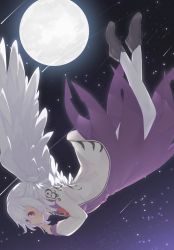 Rule 34 | 1girl, brooch, falling, feathered wings, female focus, finger to mouth, full body, full moon, highres, index finger raised, jacket, jewelry, kishin sagume, looking at viewer, looking to the side, moon, night, night sky, open clothes, open jacket, outdoors, pantyhose, purple skirt, red eyes, sakurea, shoes, single wing, skirt, sky, solo, touhou, white hair, white pantyhose, white wings, wings