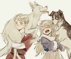 Rule 34 | 1boy, 1girl, aged down, animal, biting, biting hair, brother and sister, carrying over shoulder, child, closed mouth, dog, dress, dungeon meshi, excited, falin touden, falin touden (tallman), frown, fur-trimmed sleeves, fur trim, hashtag-only commentary, laios touden, layered sleeves, long hair, long sleeves, looking ahead, messy hair, mungmnugmung, orange eyes, red shirt, shirt, short hair, short over long sleeves, short sleeves, siblings, side-by-side, simple background, sketch, tearing up, tongue, tongue out, upper body