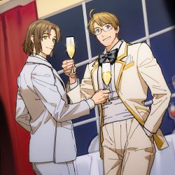 Rule 34 | 2boys, ahoge, america (hetalia), axis powers hetalia, black bow, black bowtie, blonde hair, blue eyes, bow, bowtie, breast pocket, breasts, brown hair, cup, drinking glass, glass, glasses, green eyes, grin, hand in pocket, holding, holding cup, indoors, jacket, lithuania (hetalia), looking at viewer, male focus, medium breasts, multiple boys, night, pocket, red curtains, shirt, smile, suit jacket, table, to@st, tuxedo, white shirt, wine glass