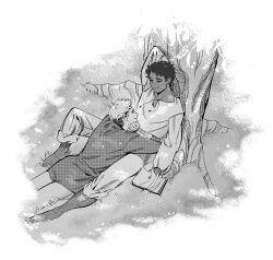 Rule 34 | 2boys, arm behind head, arm hair, barefoot, book, closed mouth, commentary, dark-skinned male, dark skin, dungeon meshi, english commentary, full body, greyscale, highres, holding, holding book, kabru, laios touden, long sleeves, lying, male focus, monochrome, multiple boys, on stomach, outdoors, pants, puffy long sleeves, puffy sleeves, raccoon0ncaf, shirt, short hair, sitting, smile, tree, under tree, undercut, very short hair, yaoi