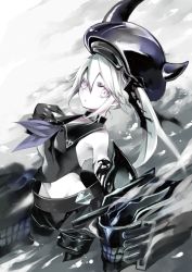Rule 34 | 10s, 1girl, abyssal ship, amputee, atoshi, bare shoulders, black gloves, cannon, colored eyelashes, colored skin, destroyer princess, double amputee, from side, gloves, gradient background, headgear, horns, kantai collection, long hair, looking at viewer, midriff, pale skin, purple eyes, school uniform, serafuku, side ponytail, sleeveless, solo, white hair, white skin