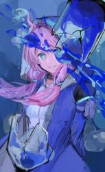Rule 34 | 1girl, ahoge, arknights, arms behind back, black choker, blue eyes, blue jacket, blue poison (arknights), blue poison (elite ii) (arknights), blue theme, broken bottle, choker, closed mouth, collared shirt, commentary, cowboy shot, floating hair, gyoukan (jfxc), highres, hood, hood up, hooded jacket, jacket, long hair, long sleeves, looking at viewer, low twintails, open clothes, open jacket, pink hair, shirt, solo, symbol-only commentary, twintails, white shirt