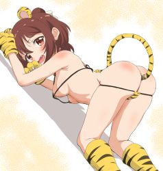 Rule 34 | 10s, 1girl, all fours, anal, anal object insertion, anal tail, anima yell!, animal ears, animal hands, animal print, ass, bikini, blush, breasts, brown hair, butt plug, fake animal ears, fake tail, fang, highres, kneehighs, looking at viewer, looking back, medium breasts, micro bikini, nipples, object insertion, short hair, sincos, socks, solo, swimsuit, tail, tatejima kotetsu