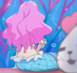 Rule 34 | 1girl, fins, from behind, haruyama kazunori, head fins, kururun (precure), laura (precure), long hair, mermaid, midriff, monster girl, pink hair, precure, sitting, tropical-rouge! precure, underwater
