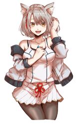 Rule 34 | 1girl, absurdres, animal ears, blush, breasts, camisole, cat ears, chest jewel, grey hair, highres, jacket, kenichiart, looking at viewer, medium breasts, mio (xenoblade), open mouth, pantyhose, short hair, simple background, skirt, smile, solo, tank top, white camisole, white jacket, white skirt, white tank top, xenoblade chronicles (series), xenoblade chronicles 3, yellow eyes