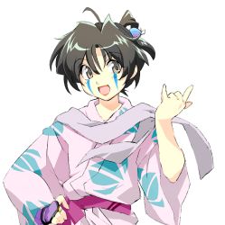 Rule 34 | 1boy, :d, \m/, ahoge, androgynous, black hair, brown eyes, facial mark, hair ornament, hair up, hairpin, hand on own hip, innu, inuyasha, jakotsu (inuyasha), japanese clothes, kimono, lipstick, makeup, male focus, open mouth, scarf, smile, solo, trap, white background, yukata