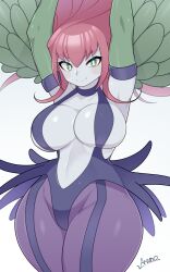 Rule 34 | 1girl, absurdres, arms up, breasts, cleavage, closed mouth, colored skin, green eyes, grey skin, harpie lady, highres, large breasts, long hair, looking at viewer, navel, pink hair, ryuusui arumo, smile, solo, yu-gi-oh!